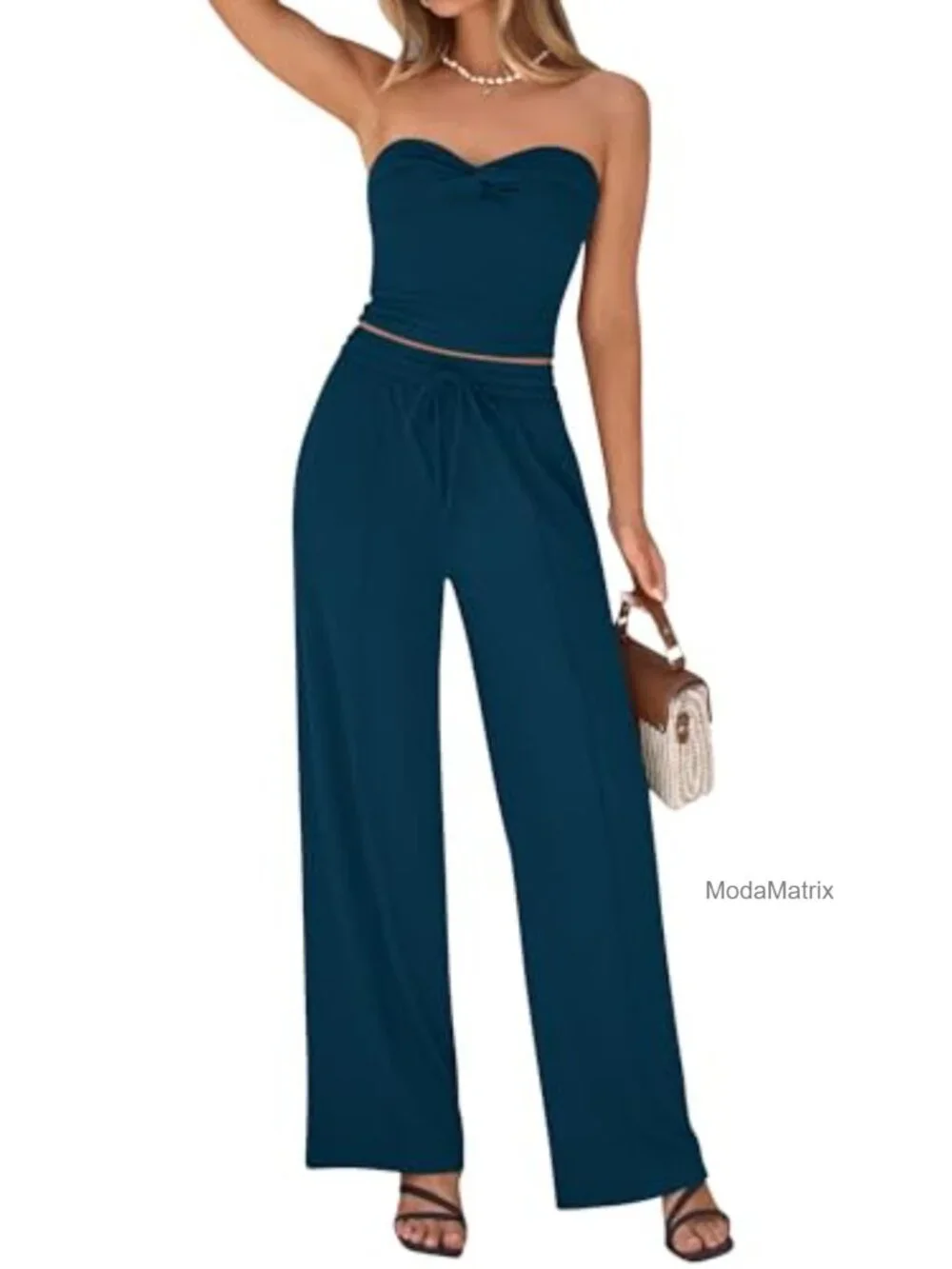 Ribbed Knit Strapless Two Piece Wide Leg Lounge Pants Set